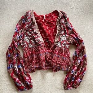 Free People Bohemian Red Floral Peasant Top